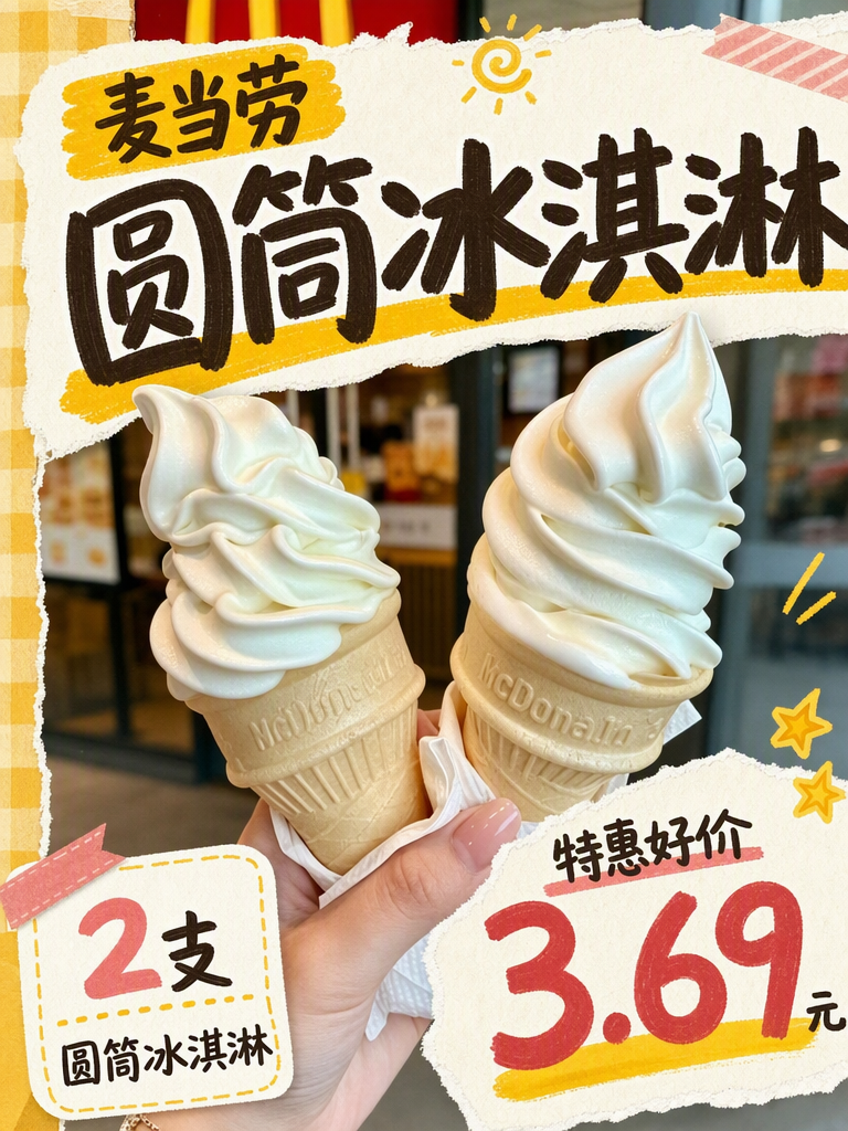 麦当劳圆筒冰淇淋2支3.69元,双份甜筒快乐加倍